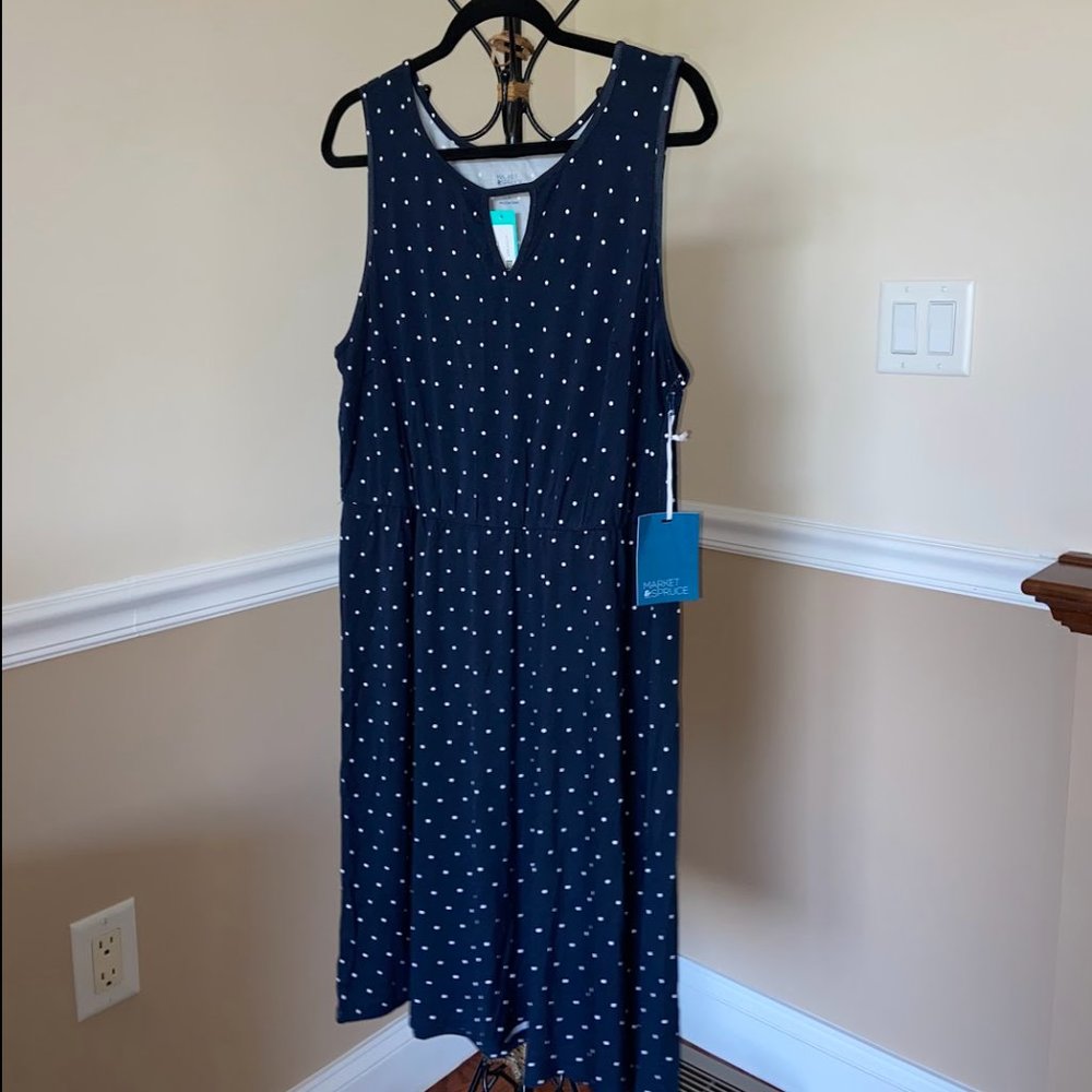 Navy and White Polka Dot midi sundress keyhole neckline